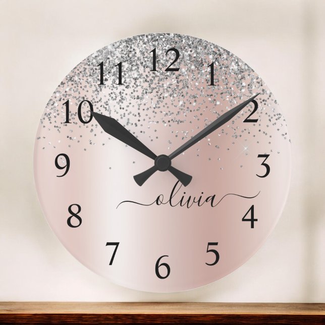 Rose Gold - Blush Pink Glitter Silver Monogram Large Clock (Creator Uploaded)