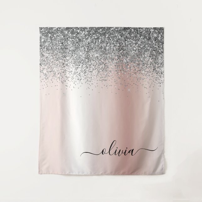 Rose Gold - Blush Pink Glitter Silver Monogram Tapestry (Front)