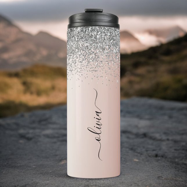 Rose Gold - Blush Pink Glitter Silver Monogram Thermal Tumbler (Creator Uploaded)