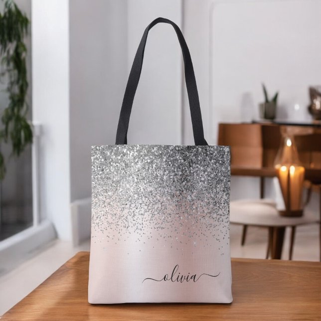 Rose Gold - Blush Pink Glitter Silver Monogram Tote Bag (Creator Uploaded)