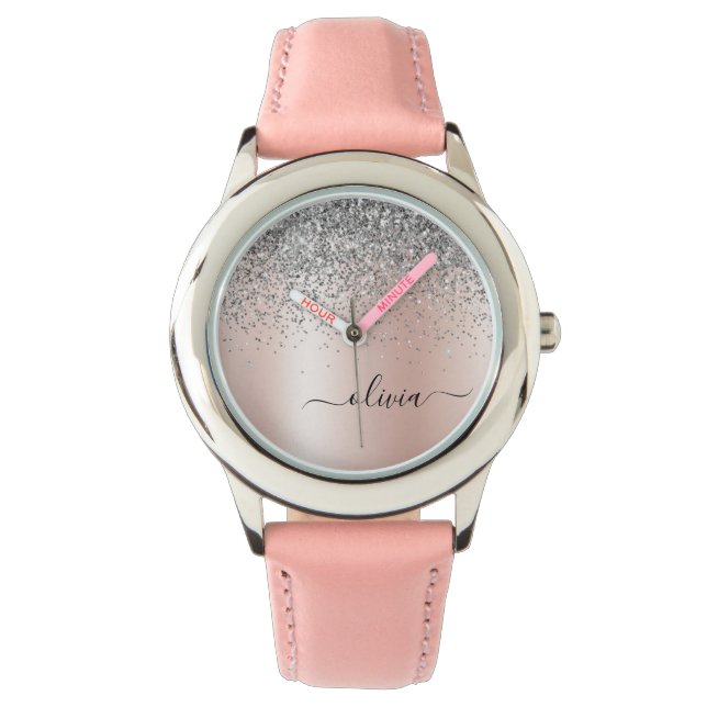 Rose Gold - Blush Pink Glitter Silver Monogram Watch (Front)