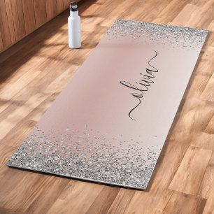 Rose Gold - Blush Pink Glitter Silver Monogram Yoga Mat