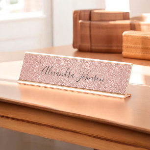 Rose Gold Blush Pink Glitter Sparkle Modern Desk Name Plate