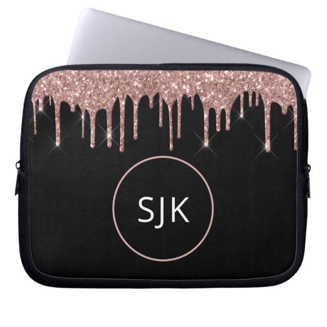 Rose Gold Blush Pink Glitter Sparkle Monogram Laptop Sleeve (Front)