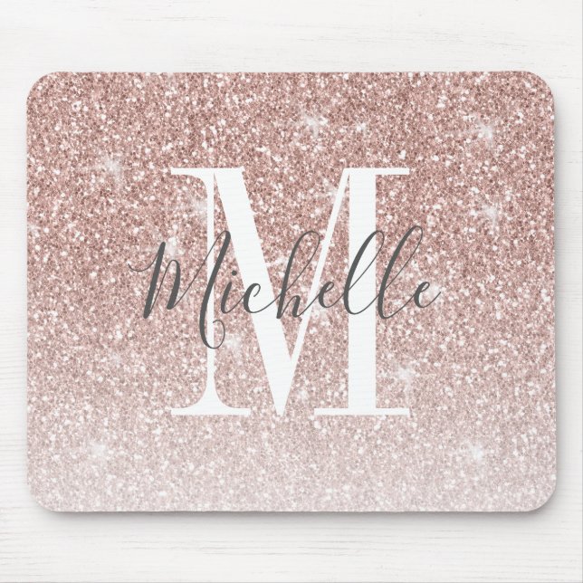 Rose Gold Blush Pink Glitter Sparkle Monogram Name Mouse Pad (Front)