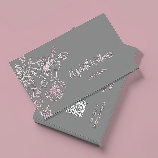 Rose Gold Blush Pink Grey Floral | QR Code Business Card (Creator Uploaded)