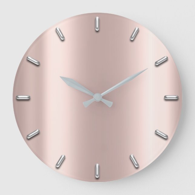 Rose Gold Blush Pink Grey Metallic Silver Minimal Large Clock (Front)