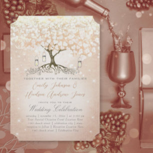 Rose Gold Blush Pink Heart Leaf Tree Wedding Invitation
