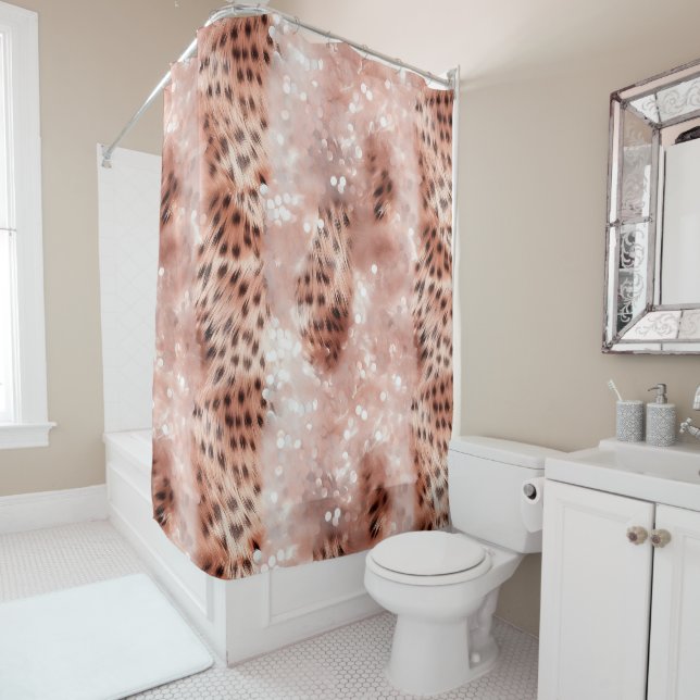 Rose Gold Blush Pink Leopard Sparkle Shower Curtain (In Situ)