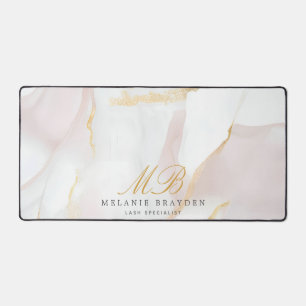 Rose Gold Blush Pink Marble Monogram Desk Mat