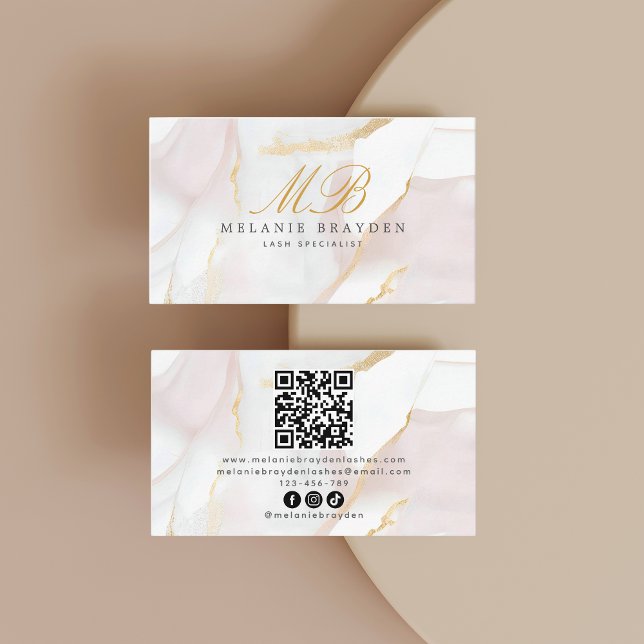 Rose Gold Blush Pink Marble Monogram QR Code Business Card (Creator Uploaded)