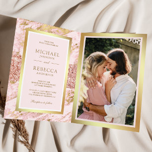 Rose Gold Blush Pink Marble Photo QR Code Wedding Invitation