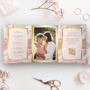 Rose Gold Blush Pink Marble Photo QR Code Wedding Tri-Fold Invitation