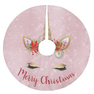 Rose Gold - Blush Pink Merry Christmas Unicorn Brushed Polyester Tree Skirt