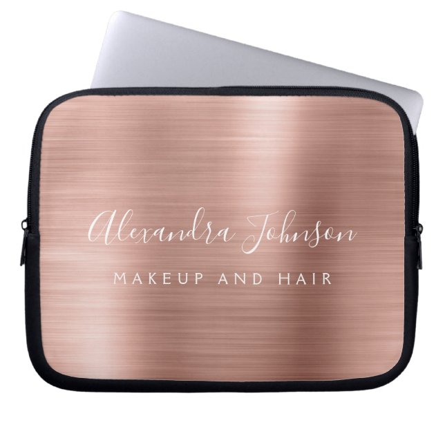 Rose Gold - Blush Pink Metallic Monogram Business Laptop Sleeve (Front)