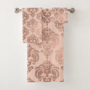 Rose Gold Blush Pink Modern Glam Damask Bath Towel Set