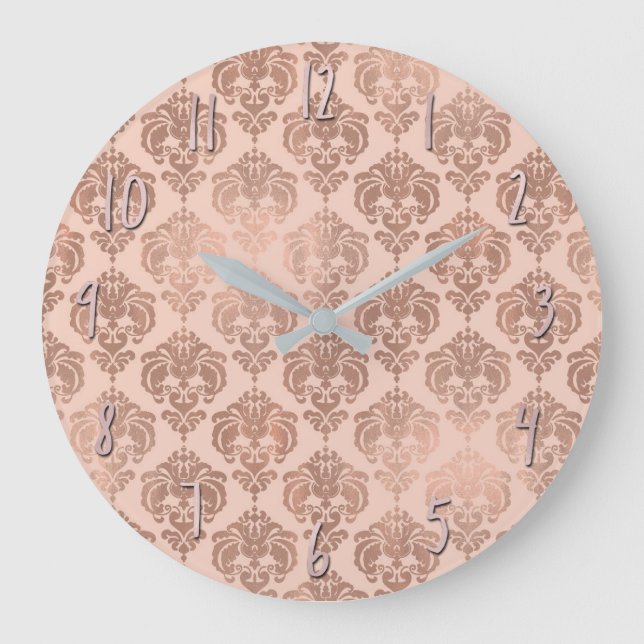 Rose Gold Blush Pink Modern Glam Damask Large Clock (Front)
