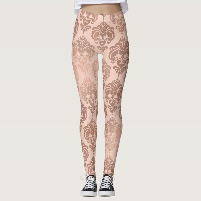 Rose Gold Blush Pink Modern Glam Damask Leggings (Front)