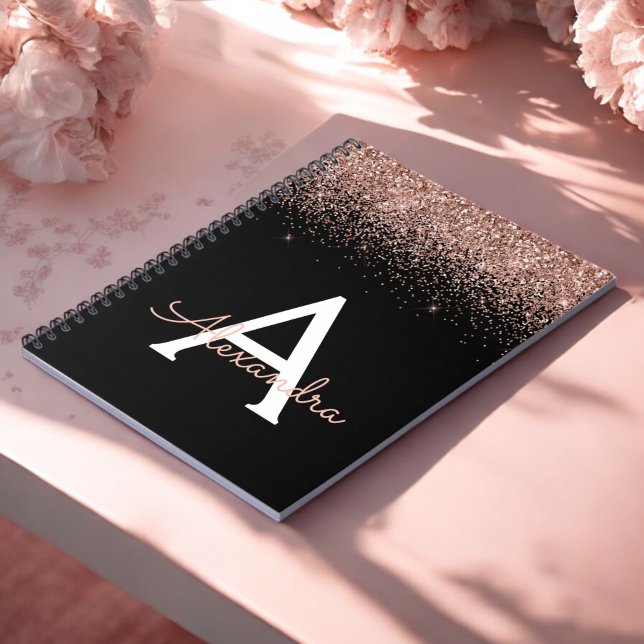 Rose Gold Blush Pink Monogram Black Glitter Notebook (Creator Uploaded)