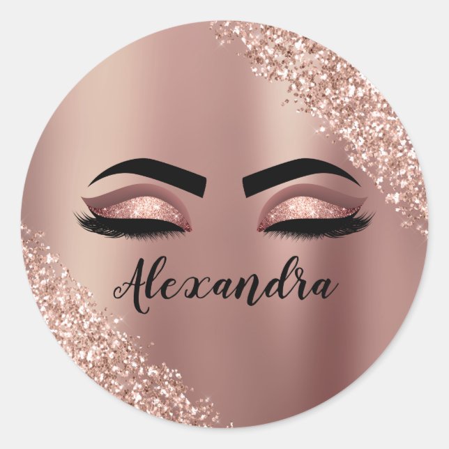 Rose Gold Blush Pink Monogram Glitter Eyelashes Classic Round Sticker (Front)