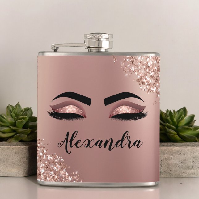 Rose Gold Blush Pink Monogram Glitter Eyelashes Hip Flask (Creator Uploaded)