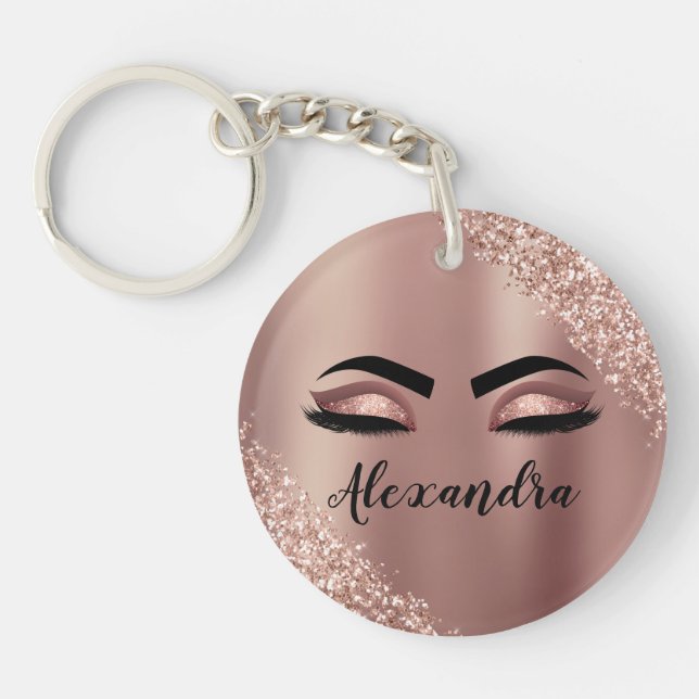 Rose Gold Blush Pink Monogram Glitter Eyelashes Key Ring (Front)