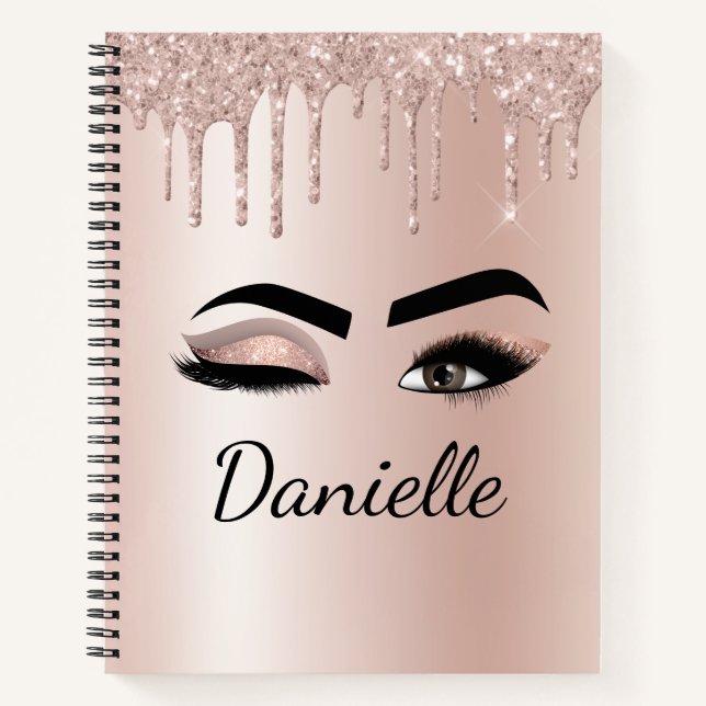 Rose Gold Blush Pink Monogram Glitter Eyelashes Notebook (Front)