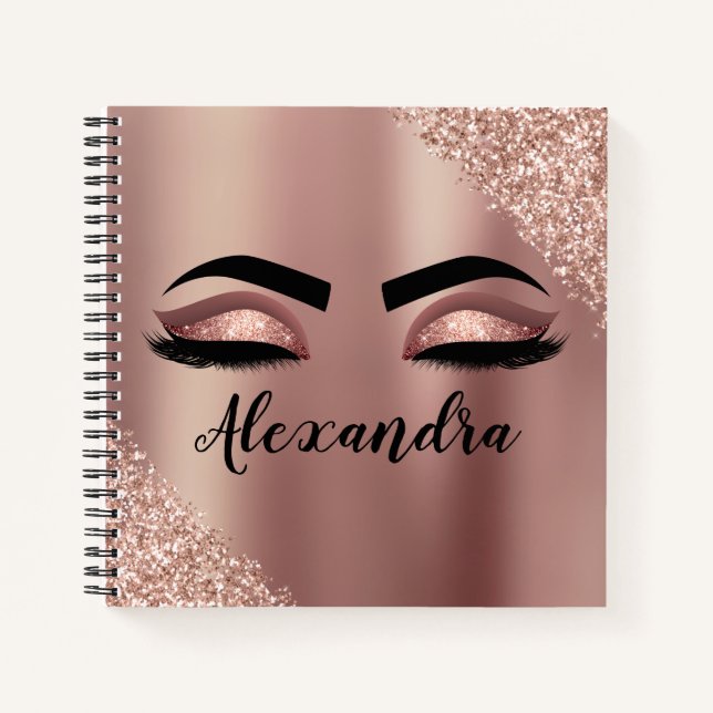 Rose Gold Blush Pink Monogram Glitter Eyelashes Notebook (Front)
