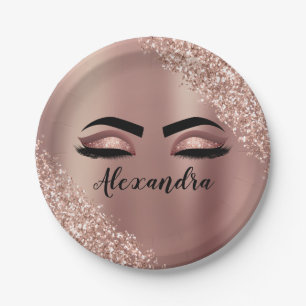 Rose Gold Blush Pink Monogram Glitter Eyelashes Paper Plate
