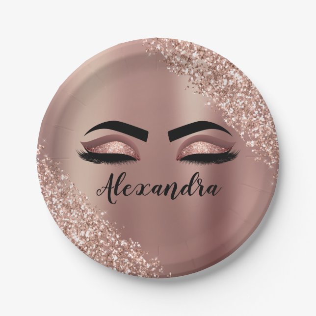 Rose Gold Blush Pink Monogram Glitter Eyelashes Paper Plate (Front)
