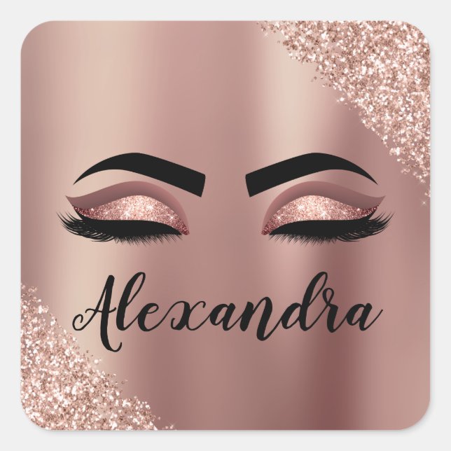 Rose Gold Blush Pink Monogram Glitter Eyelashes Square Sticker (Front)