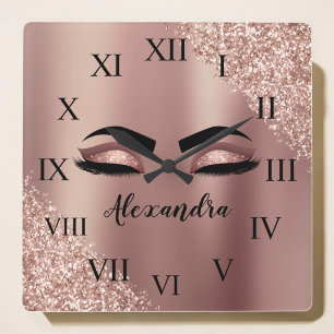 Rose Gold Blush Pink Monogram Glitter Eyelashes Square Wall Clock