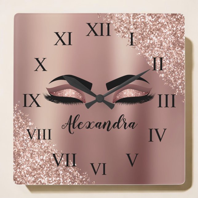 Rose Gold Blush Pink Monogram Glitter Eyelashes Square Wall Clock (Creator Uploaded)