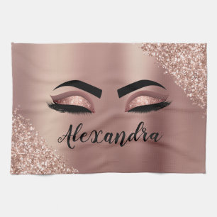 Rose Gold Blush Pink Monogram Glitter Eyelashes Tea Towel