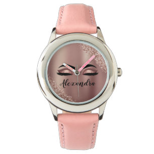 Rose Gold Blush Pink Monogram Glitter Eyelashes Watch