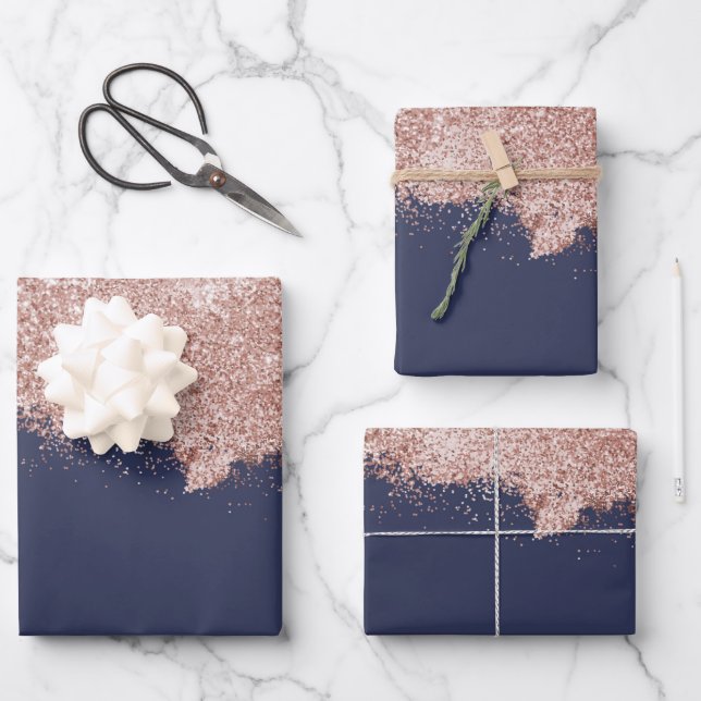 Rose Gold Blush Pink Navy Blue Girly Glitter Dust Wrapping Paper Sheet (Front)