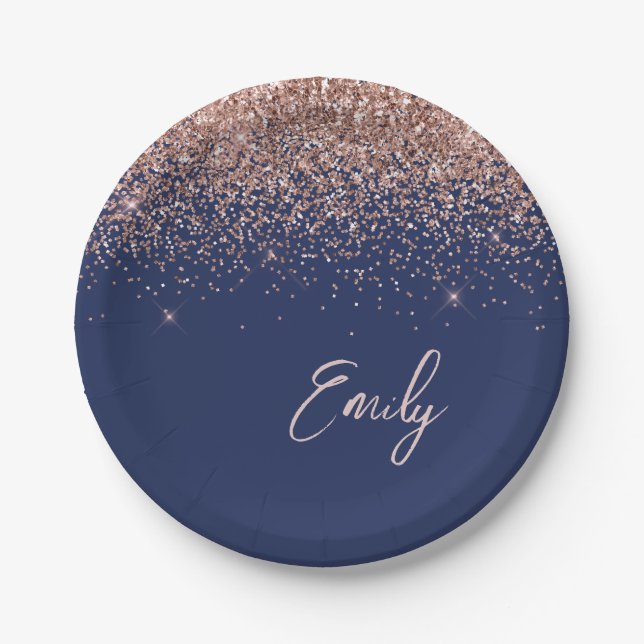Rose Gold - Blush Pink Navy Blue Glitter Monogram Paper Plate (Front)