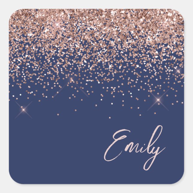 Rose Gold Blush Pink Navy Blue Glitter Name Square Sticker (Front)