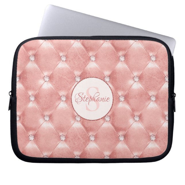 Rose Gold Blush Pink Padded Rhinestone Laptop Sleeve (Front)