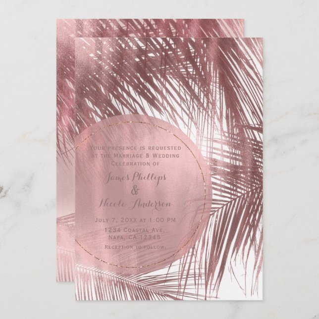 Rose Gold Blush Pink Palm Trees Tropical Wedding Invitation (Front/Back)