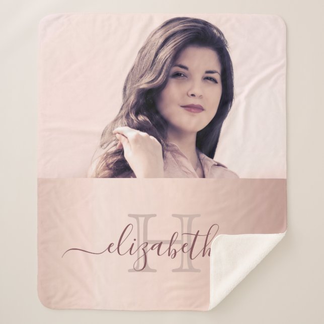 Rose gold blush pink photo monogram name sherpa blanket (Front)