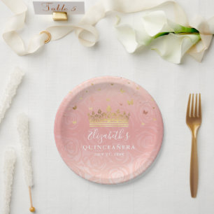 Rose Gold Blush Pink Quinceanera Birthday Party Paper Plate
