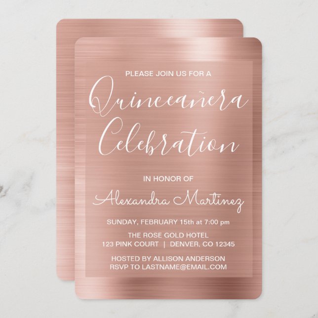Rose Gold | Blush Pink Quinceanera Celebration Invitation (Front/Back)