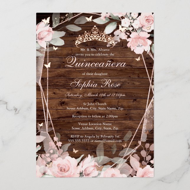 Rose Gold Blush Pink Rustic Floral Quinceanera  (Front)
