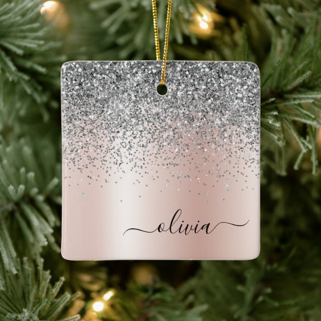 Rose Gold - Blush Pink Silver Glitter Monogram Ceramic Ornament (Tree)