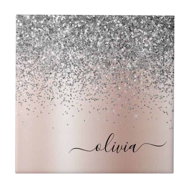 Rose Gold - Blush Pink Silver Glitter Monogram Ceramic Tile (Front)