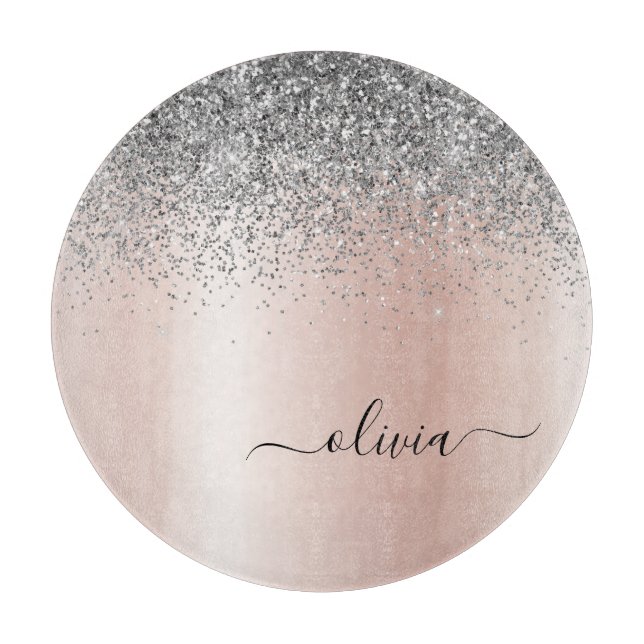 Rose Gold - Blush Pink Silver Glitter Monogram Cutting Board (Front)