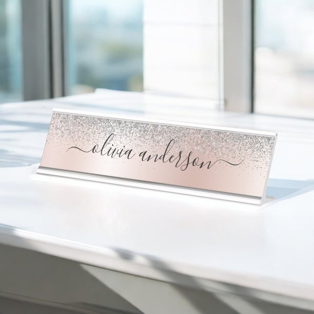 Rose Gold - Blush Pink Silver Glitter Monogram Desk Name Plate (Creator Uploaded)