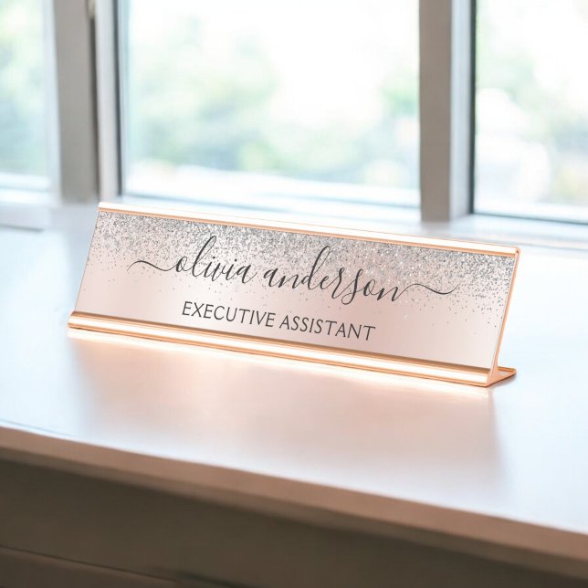 Rose Gold - Blush Pink Silver Glitter Monogram Desk Name Plate (Creator Uploaded)