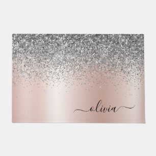 Rose Gold - Blush Pink Silver Glitter Monogram Doormat